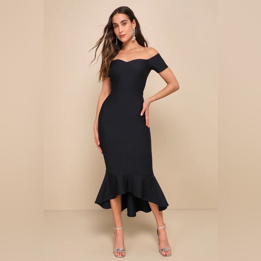 Lulus How Much I Care Midnight Blue Off-the-Shoulder Midi Dress Large